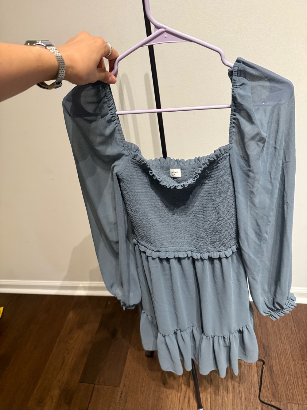 Aritzia Wilfred Slate Blue Smocked Square-Neck Mini Dress